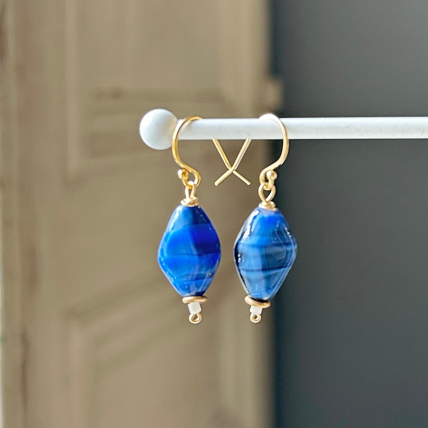 14kgfフランスヴィンテージビーズの一粒ピアス・ブルー | 3枚目