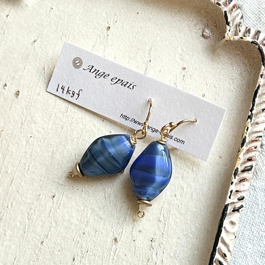 14kgfフランスヴィンテージビーズの一粒ピアス・ブルー | 5枚目