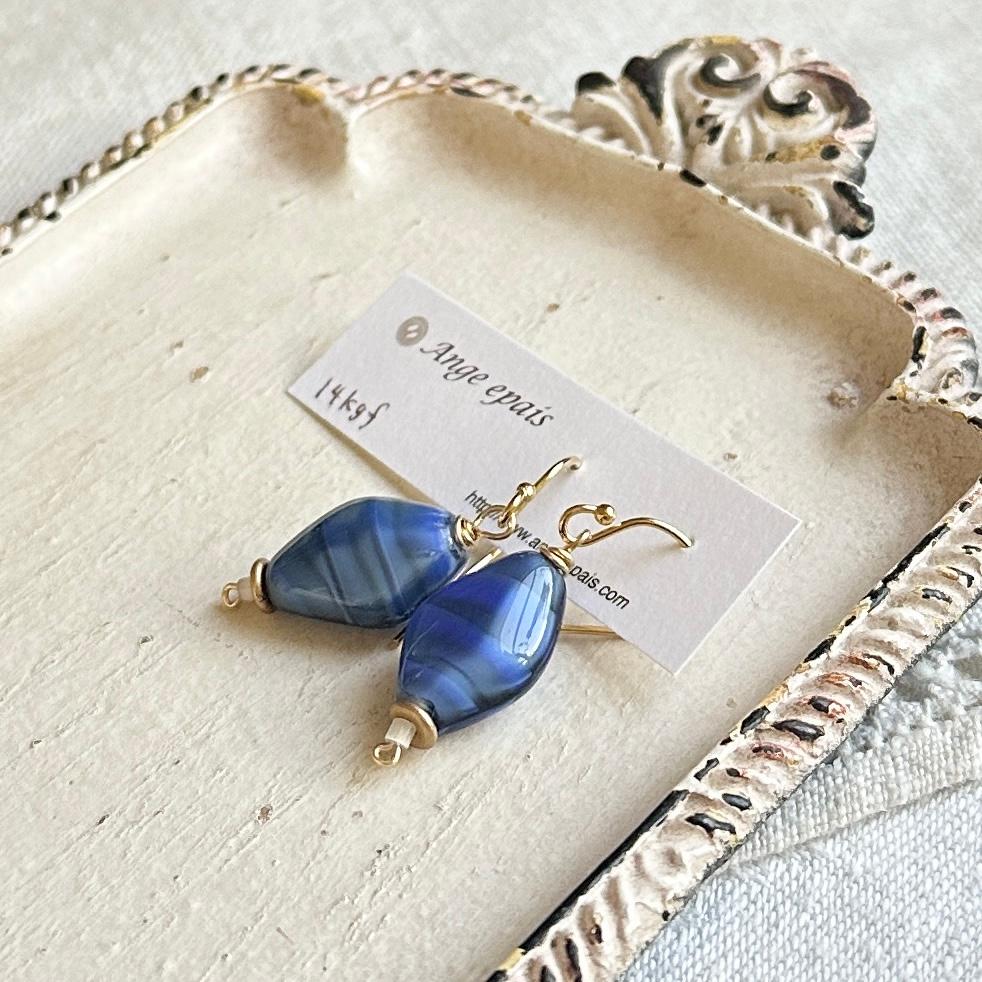 14kgfフランスヴィンテージビーズの一粒ピアス・ブルー | 6枚目