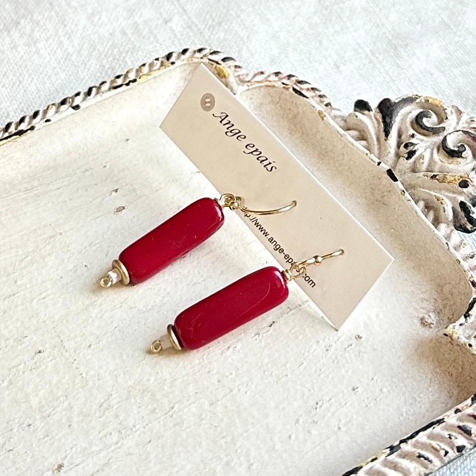 14kgfフランスヴィンテージビーズの一粒ピアス・レッド | 2枚目