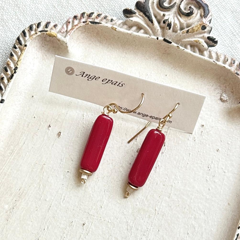 14kgfフランスヴィンテージビーズの一粒ピアス・レッド | 3枚目