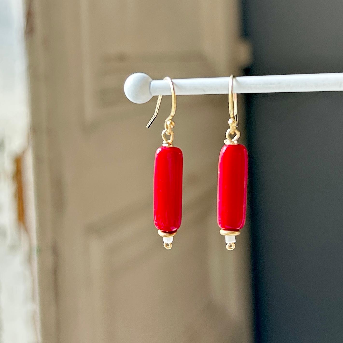 14kgfフランスヴィンテージビーズの一粒ピアス・レッド | 5枚目