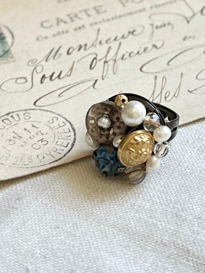 アンティークパーツのデコラティブリング・ブラックネイビー | 2枚目