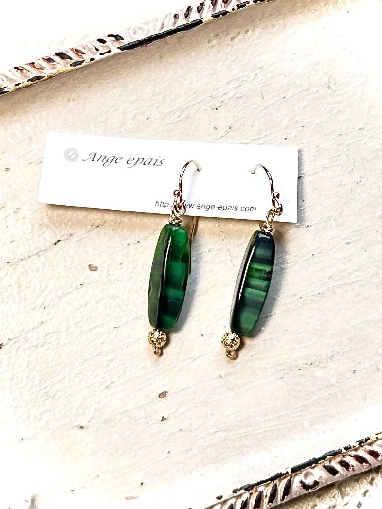 14kgfフランスヴィンテージビーズの一粒ピアス・ロンググリーン | 2枚目