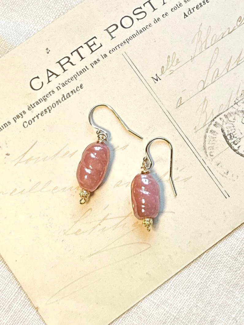 14kgfフランスヴィンテージビーズの一粒ピアス・ピンク | 2枚目