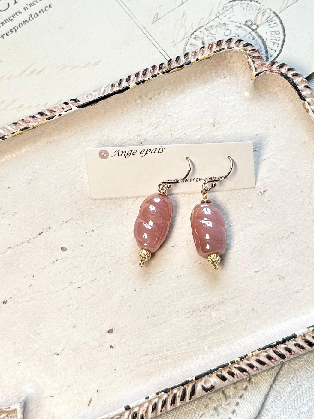 14kgfフランスヴィンテージビーズの一粒ピアス・ピンク | 4枚目