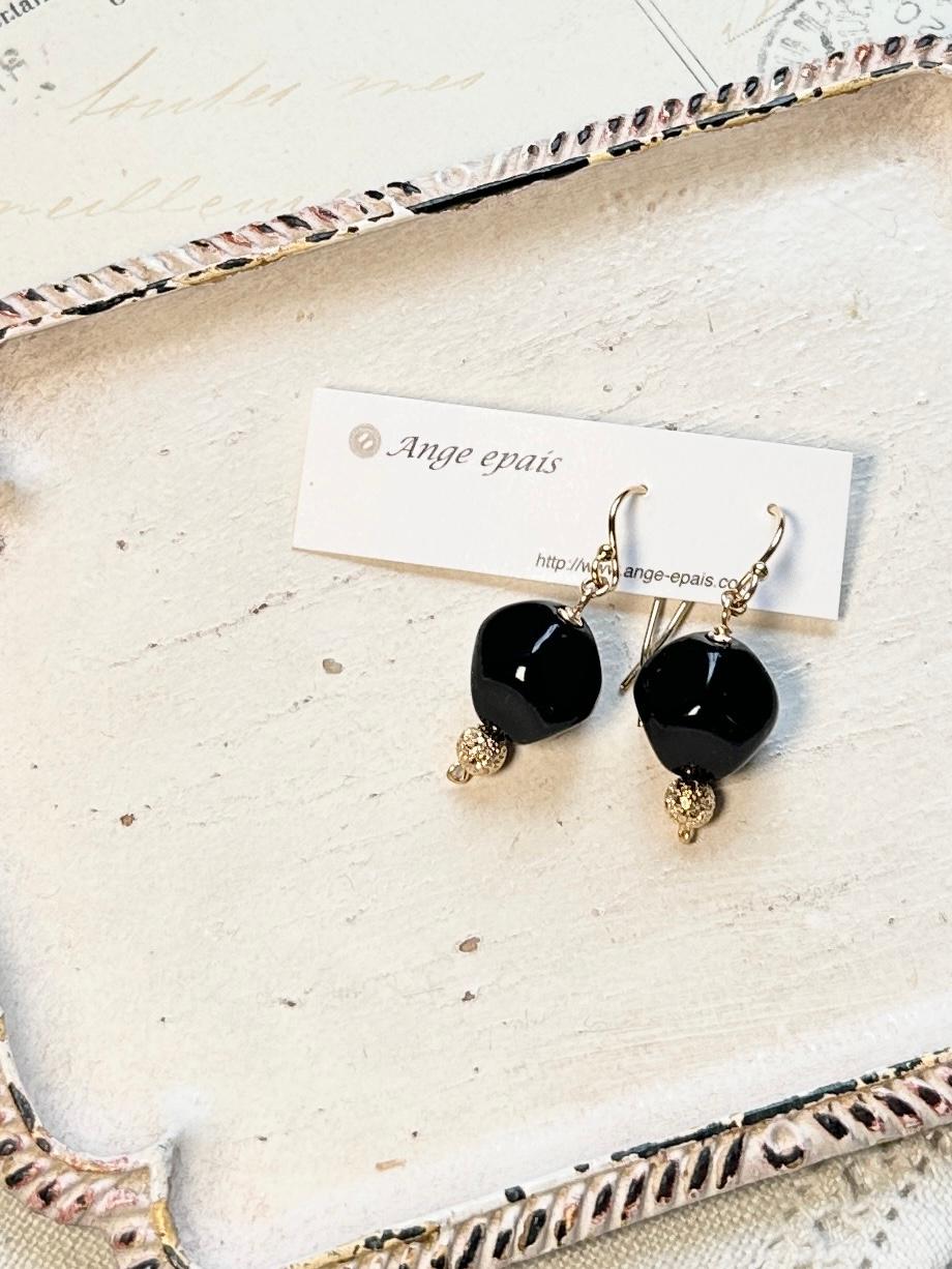 14kgfフランスヴィンテージビーズの一粒ピアス・ブラック | 5枚目