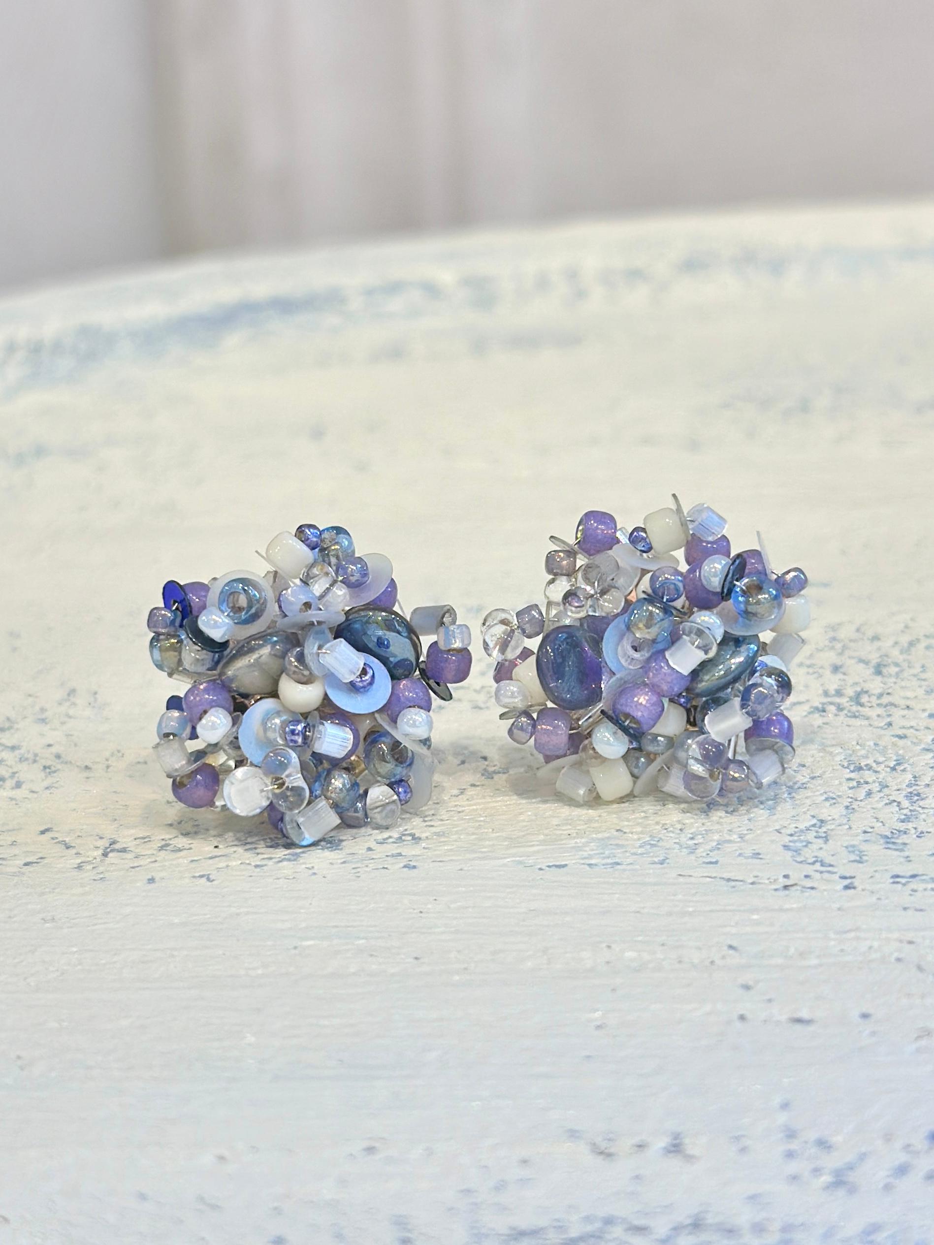 sucreビーズ耳飾り・パープル（ピアス・イヤリング）