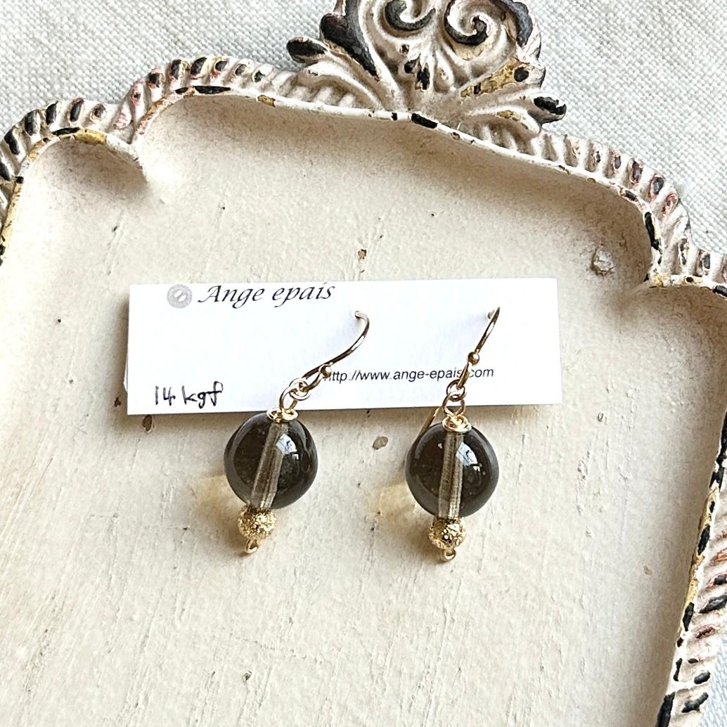 14kgfフランスヴィンテージビーズの一粒ピアス・グレー | 2枚目