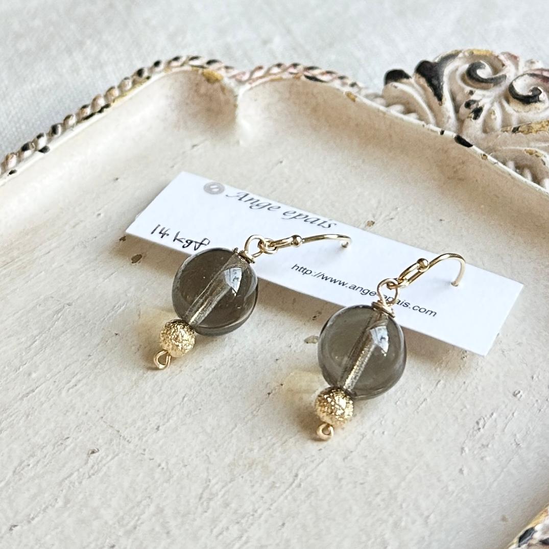 14kgfフランスヴィンテージビーズの一粒ピアス・グレー | 3枚目